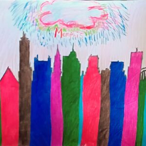 Original Holiday Winter Christmas New Year Snowy Memphis City Skyline GG - 9" x 11" Colored Pencil