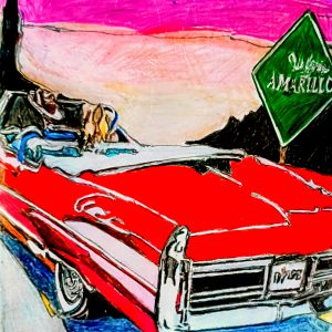Original Old Autumn Scarlet Corvette Car In Amarillo GG - 9" x 11" Colored Pencil & Crayon
