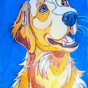 Original Golden Retriever Smiling His Grace To Jesus In Deep Calm Winter Blue Background GG - 9" x 11" Colored Pencil