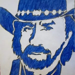 Original Passed Actor Chuck Norris In Deep Holiday Blue GG - 9" x 11" Colored Pencil